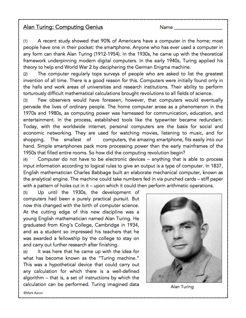 Alan Turing Reading Comprehension Passage And Assessment Alan Turing Reading Comprehension Passage And Assessment