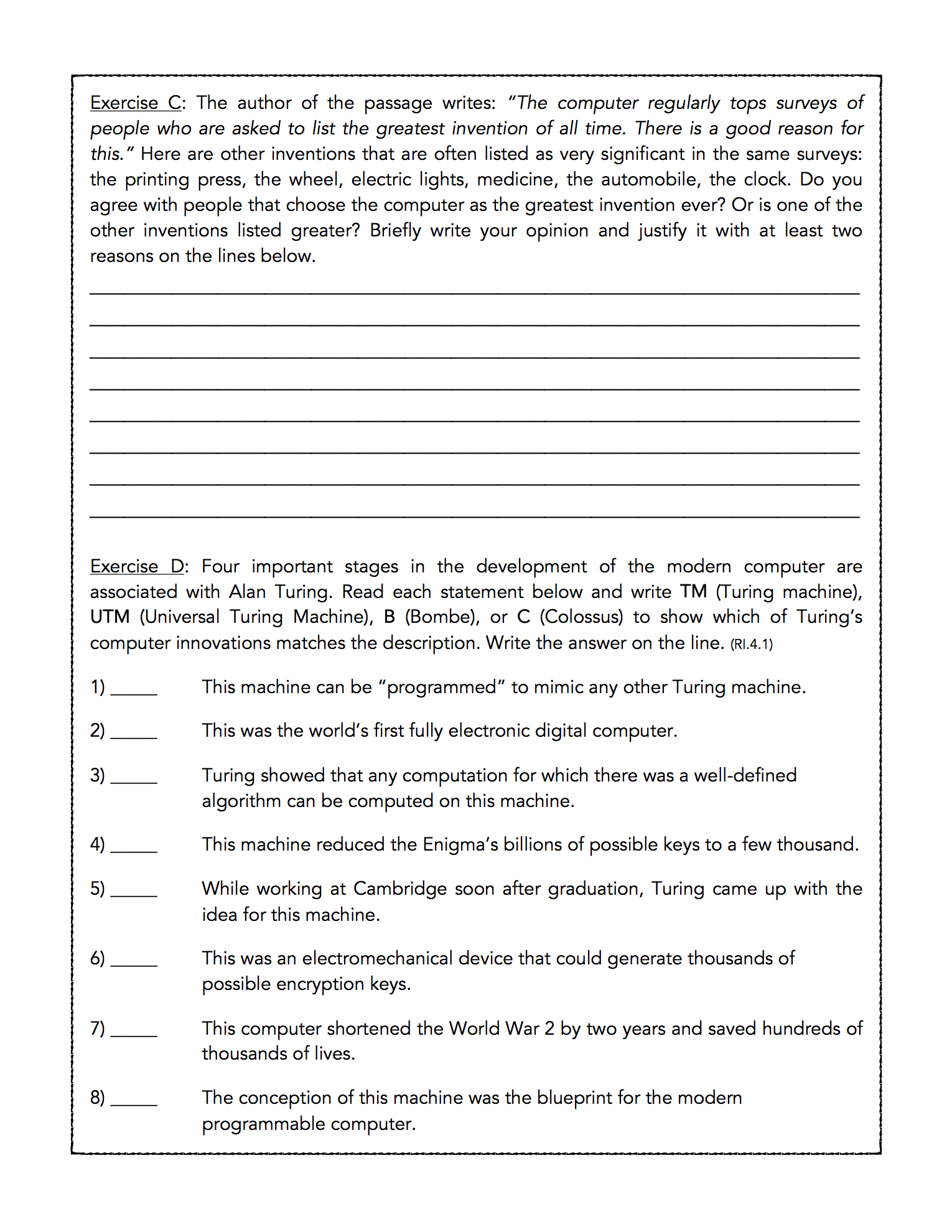 Alan Turing Reading Comprehension Passage And Assessment