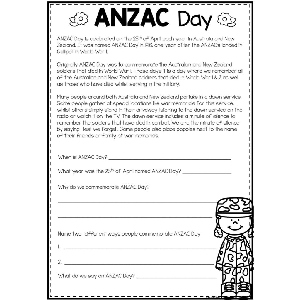 Anzac Day Comprehension Worksheet Anzac Day Comprehension Worksheet