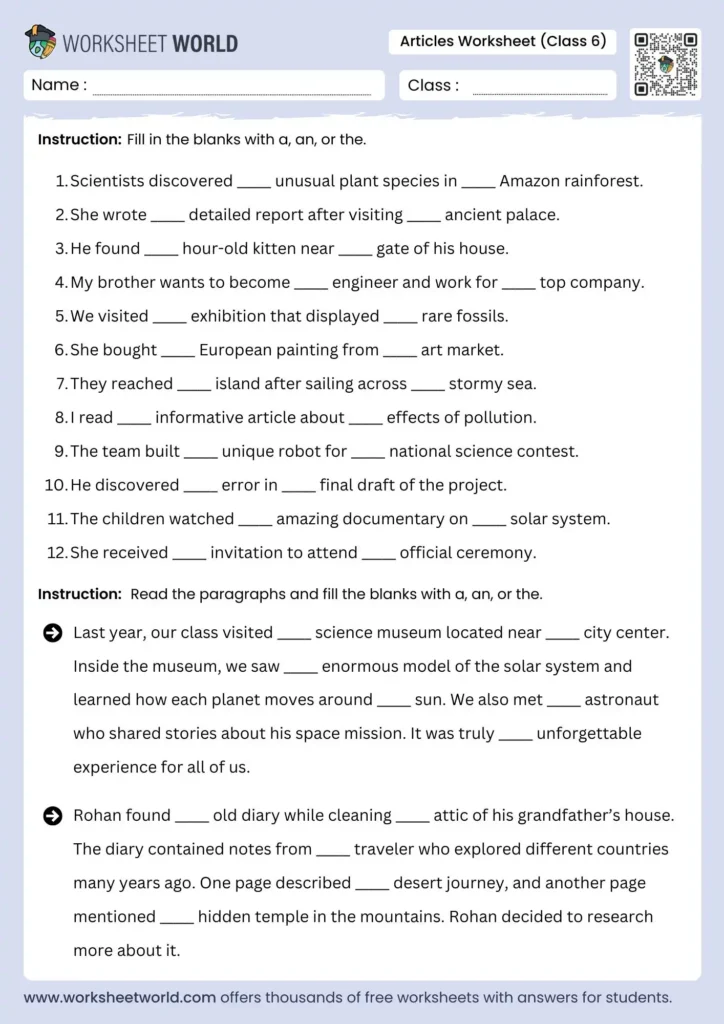 Articles Worksheet For Class 6