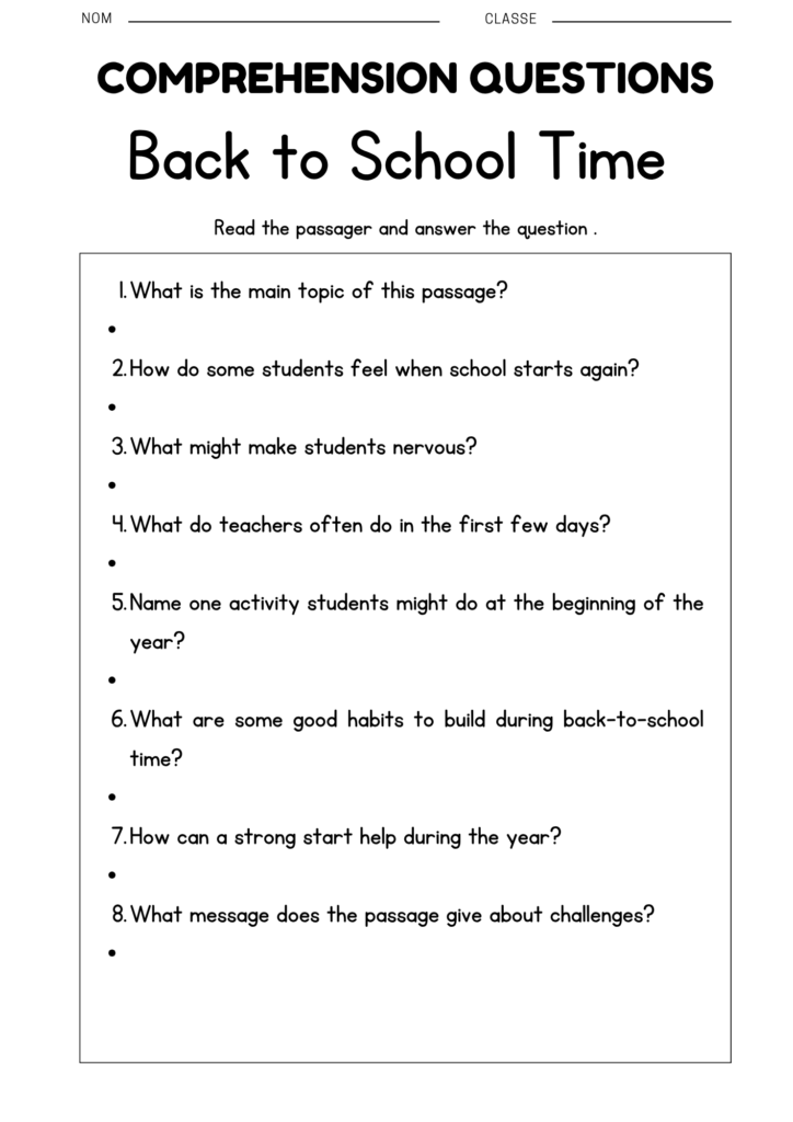 Back To School Reading Comprehension Passages For 4th 6th Grade 2 Passages With 8 Questions Ans Back To School Reading Comprehension Passages For 4th 6th Grade 2 Passages With 8 Questions Ans