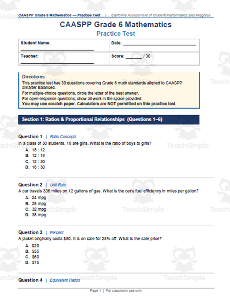 California Caaspp Practice Tests Bundle For Grade 6