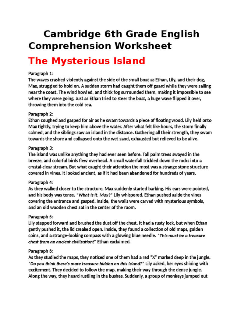Cambridge 6th Grade English Comprehension Worksheet Cambridge 6th Grade English Comprehension Worksheet