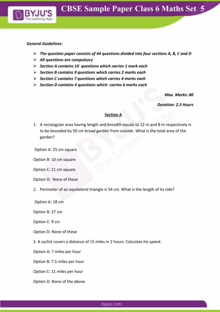 Cbse Sample Paper Class 6 Maths Set 5