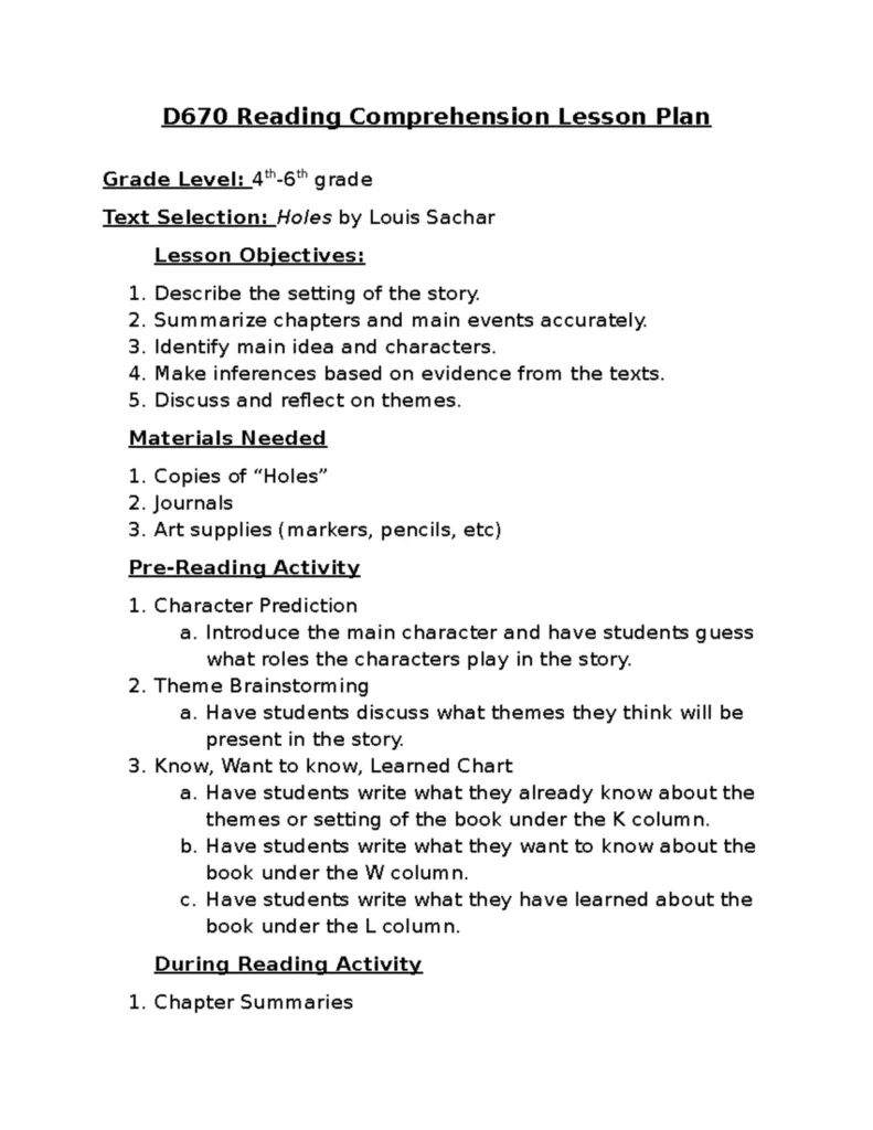 D 670b Lesson Plan Reading Comprehension Writing In Wild