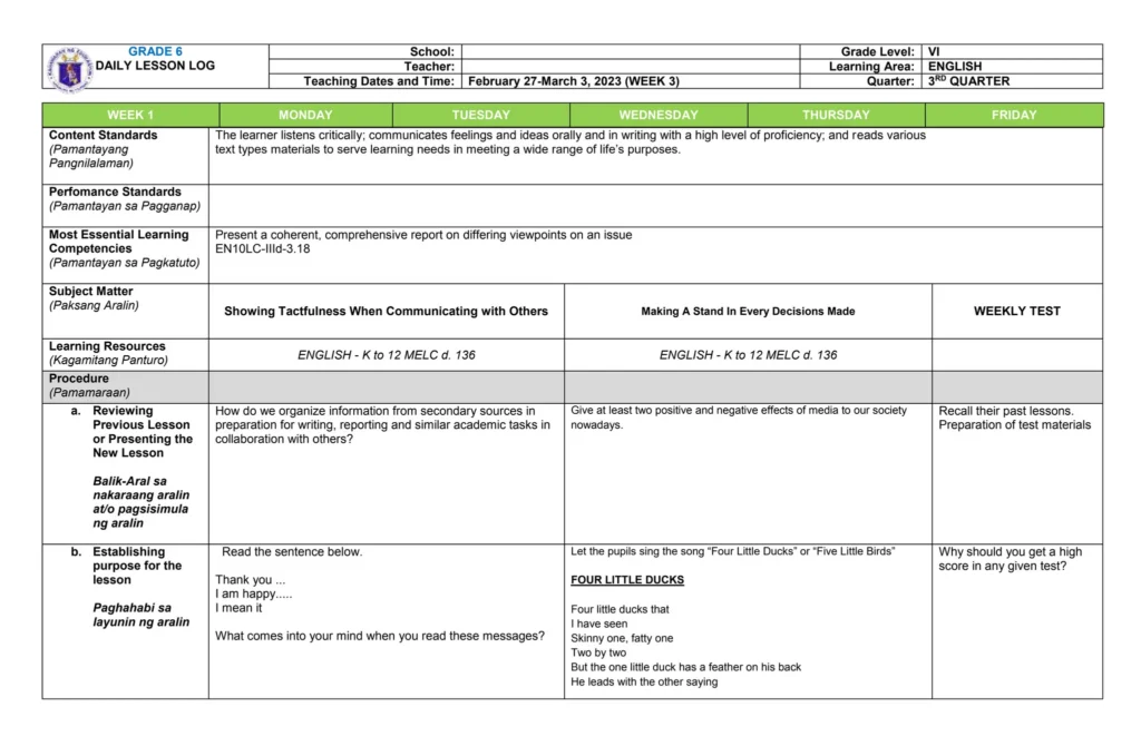 Daily Lesson Plan In English6week3 Quarter 3