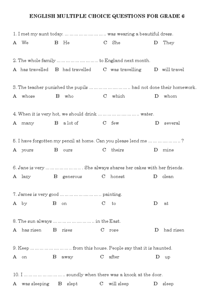 English Multiple Choice Questions Grade 6 Part 1a English Multiple Choice Questions Grade 6 Part 1a