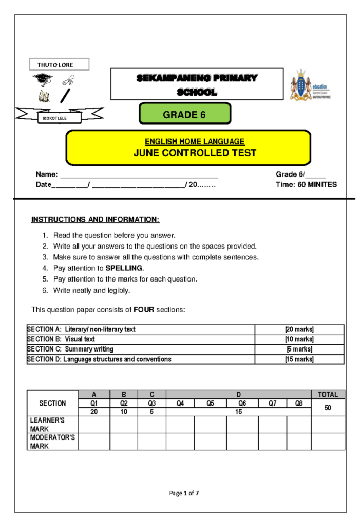 English Term 2 Controlled Test Grade 6 English Term 2 Controlled Test Grade 6