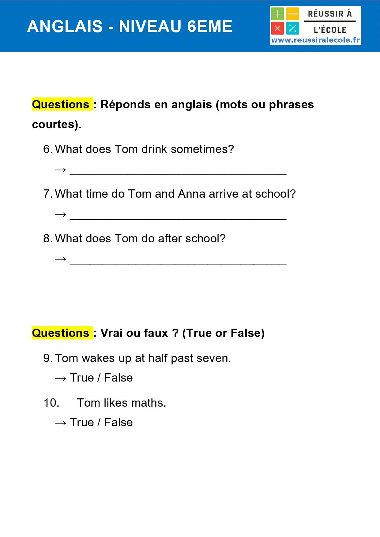 Exercices Anglais 6eme
