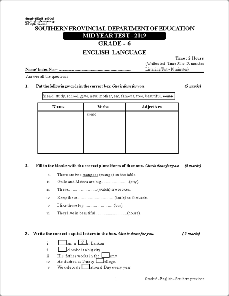 Grade 06 English 2nd Term Test Paper With Answers 2019 Southern Province Grade 06 English 2nd Term Test Paper With Answers 2019 Southern Province