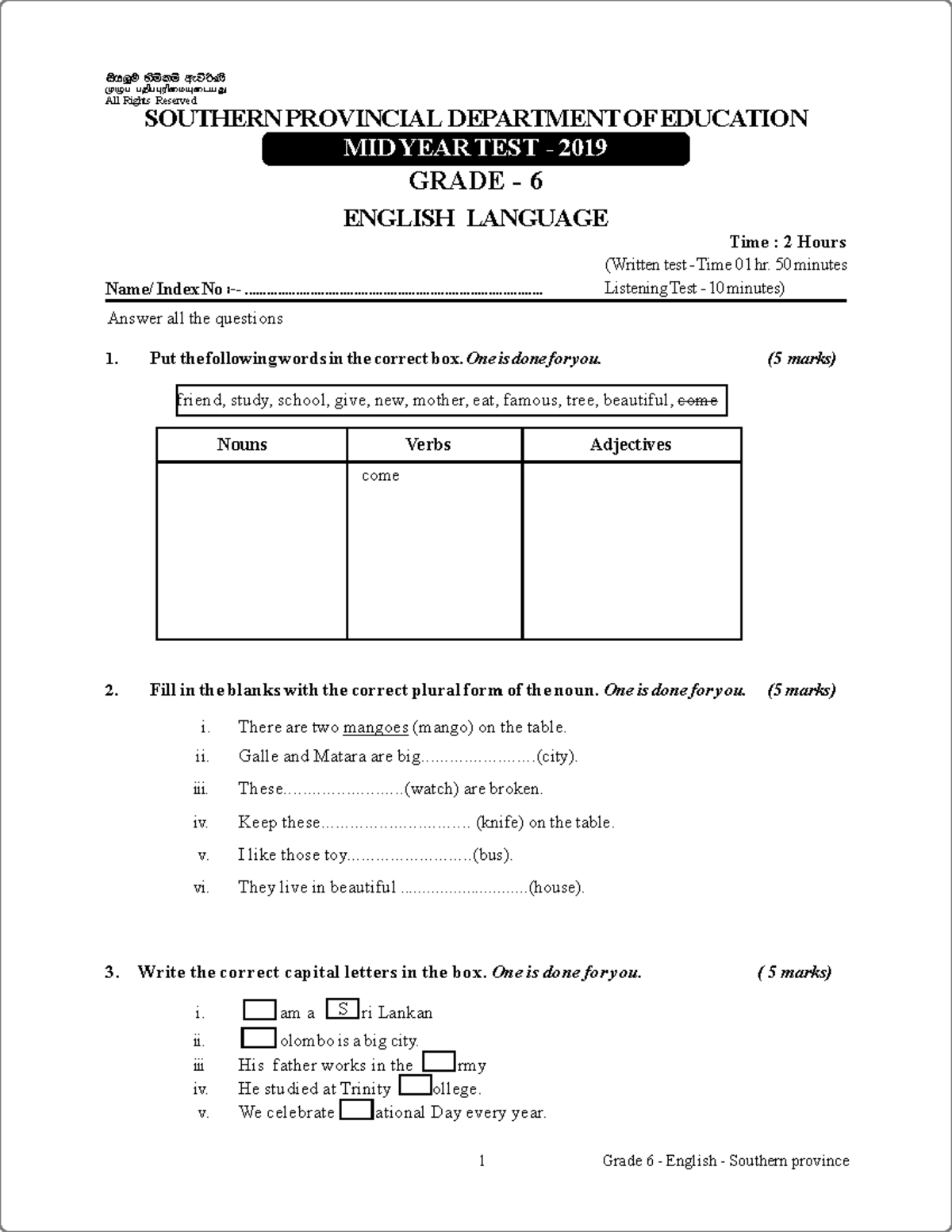 Grade 06 English 2nd Term Test Paper With Answers 2019 Southern Province