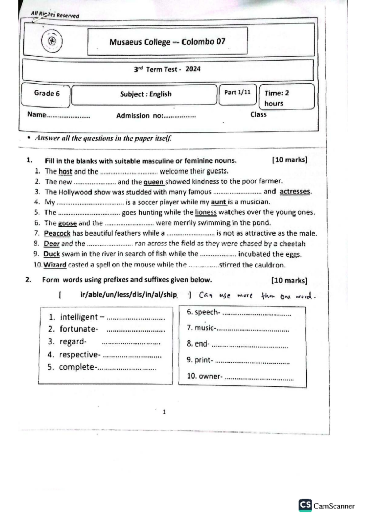 Grade 6 English 3rd Term Test 2024 Musaeus College Grade 6 English 3rd Term Test 2024 Musaeus College