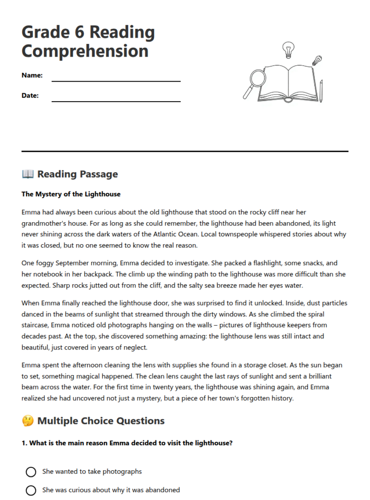 Grade 6 Reading Comprehension 114861 Grade 6 Reading Comprehension 114861