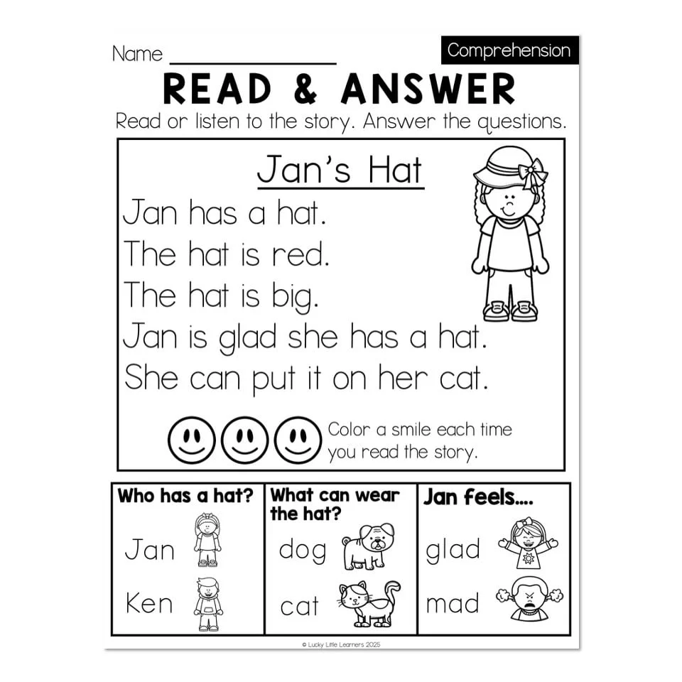 Kindergarten Monthly Worksheets Comprehension February Read And Answer Jans Hat