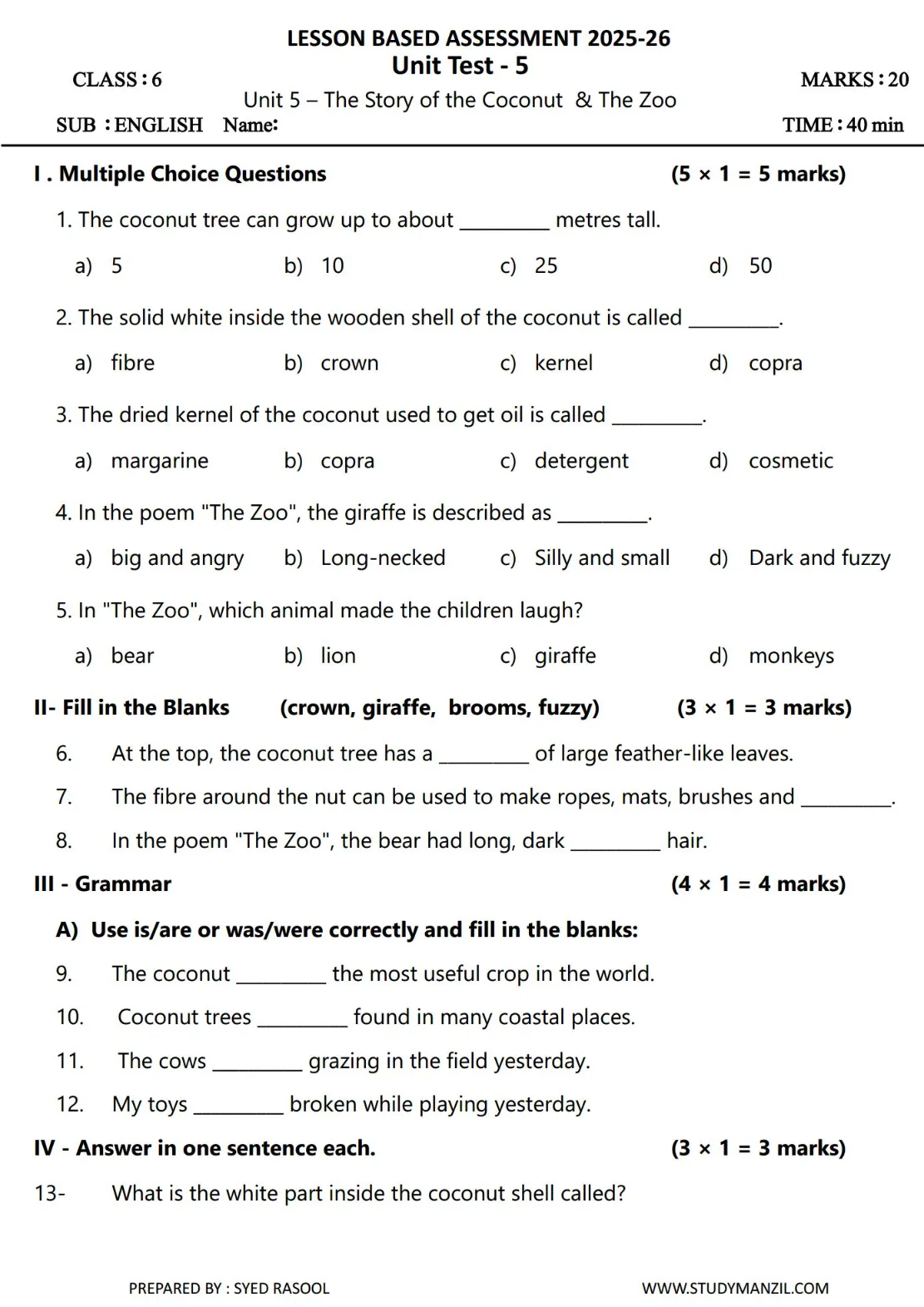 Lba Class 6 English Third Language Test Papers