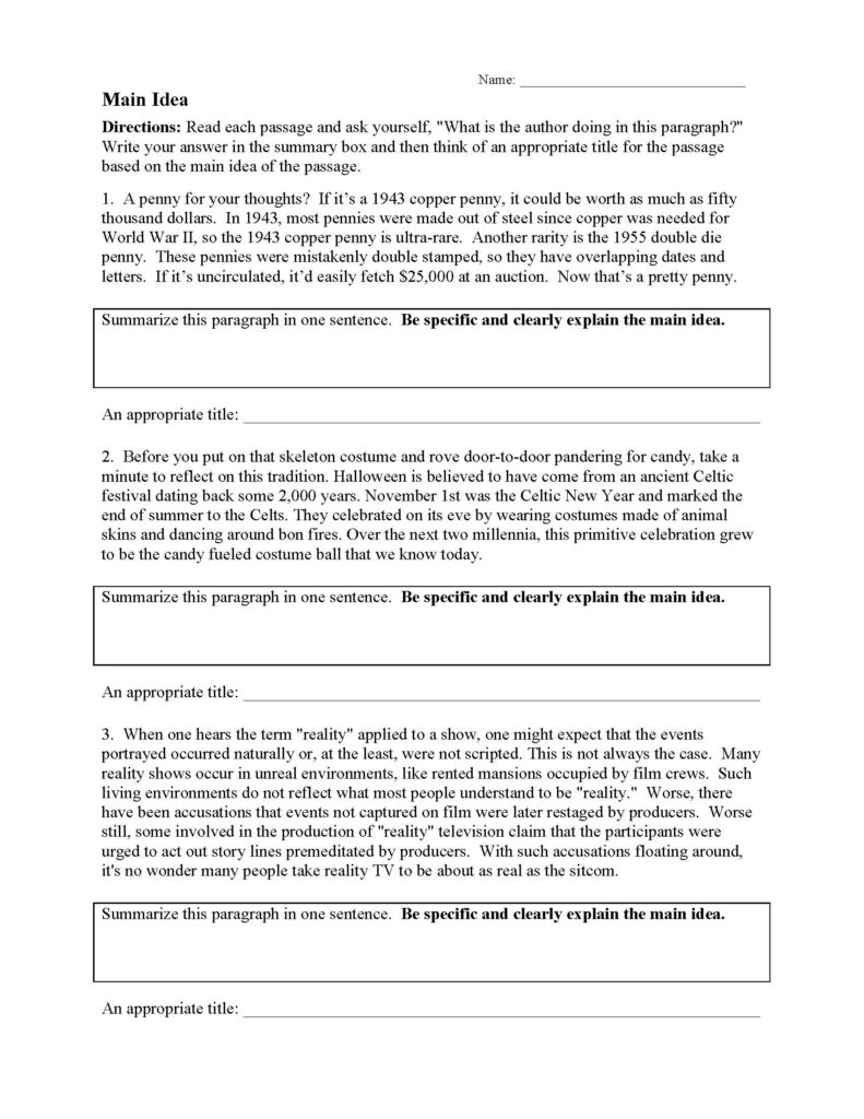 Main Idea Worksheet 01