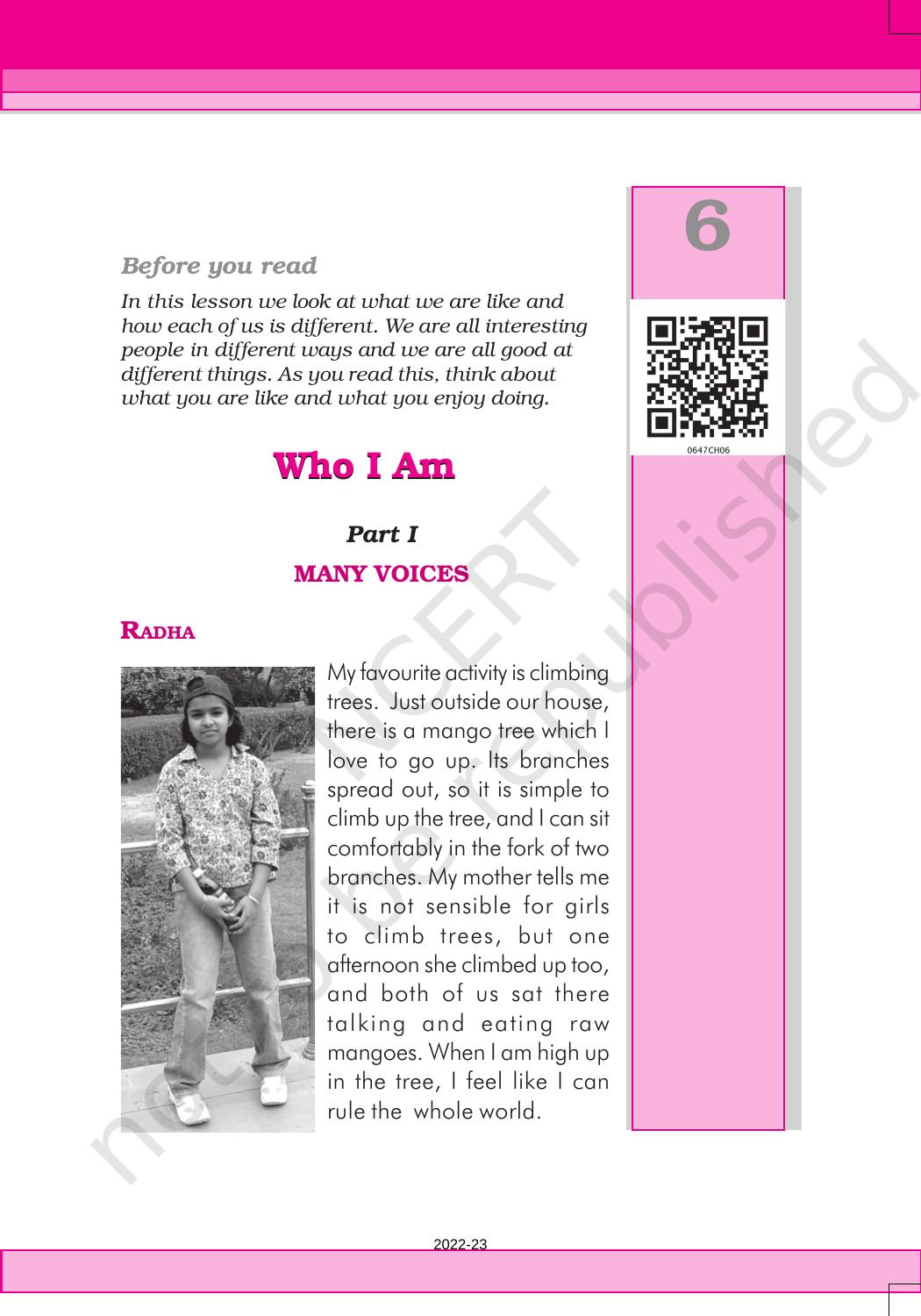 Ncert Book For Class 6 Englishhoneysuckle Chapter 6 Who I Am