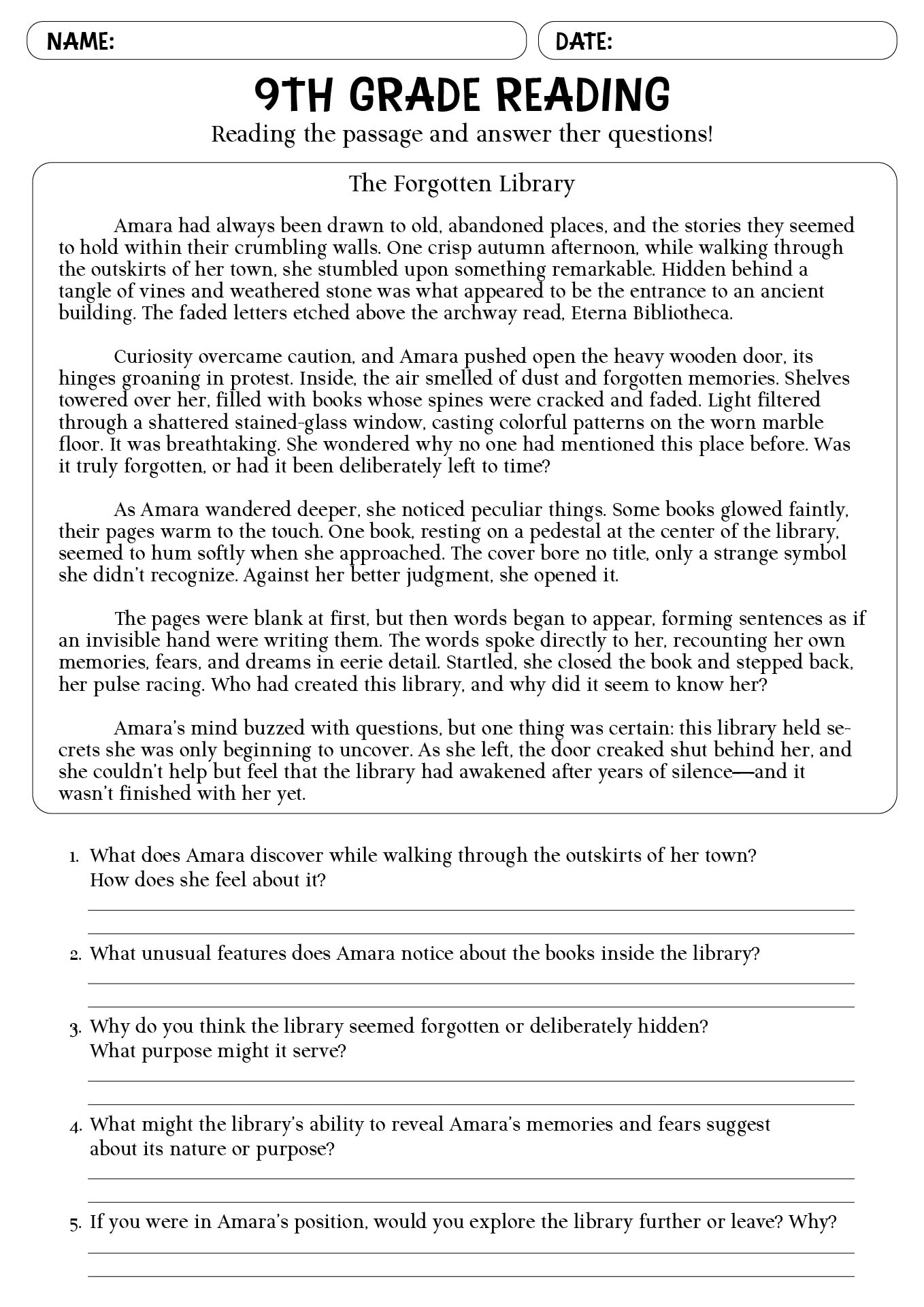 Post Printable 9th Grade Reading Comprehension Worksheets 210655