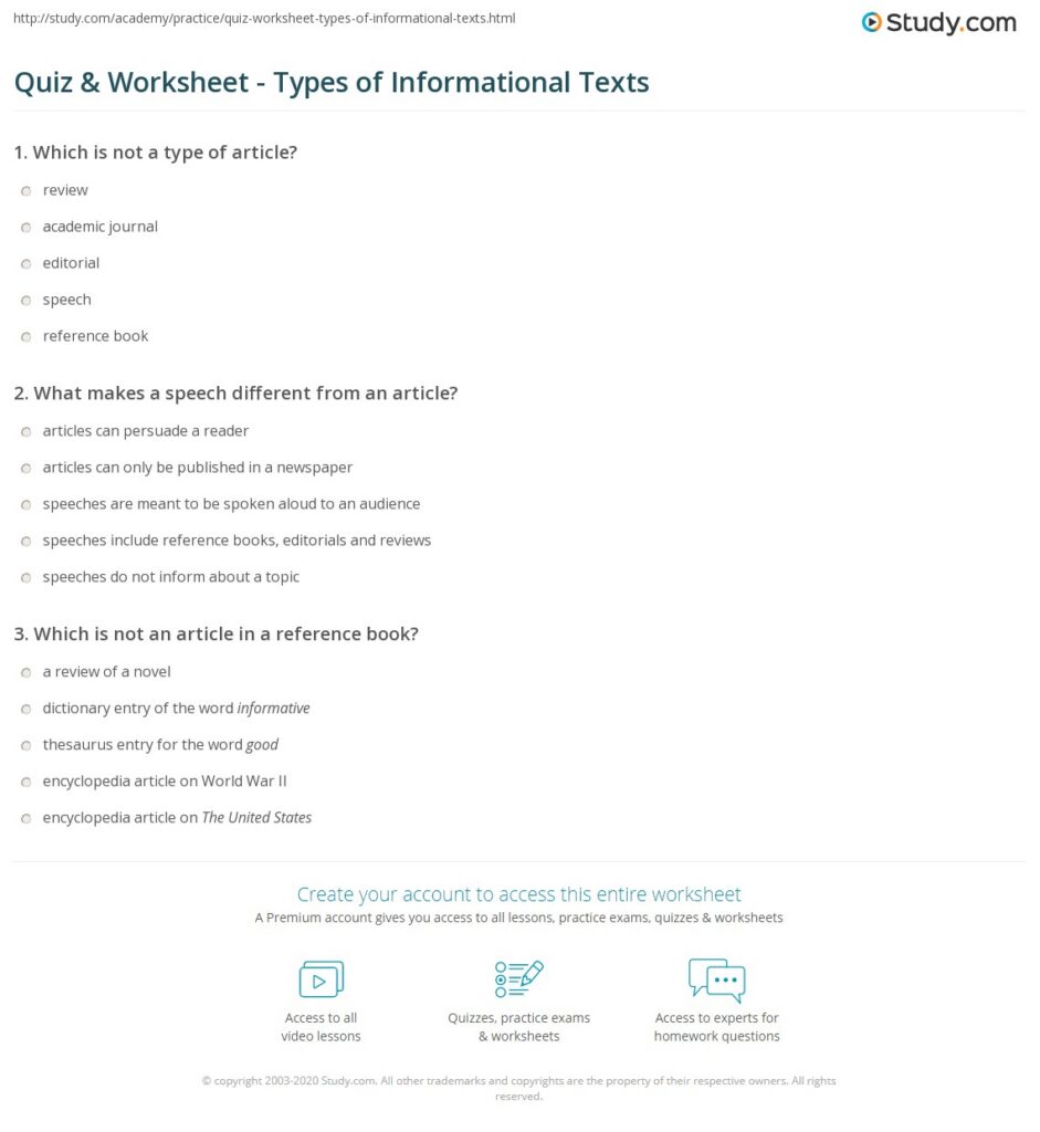 Quiz Worksheet Types Of Informational Texts