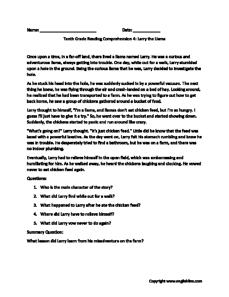 Tenth Grade Reading Comprehension