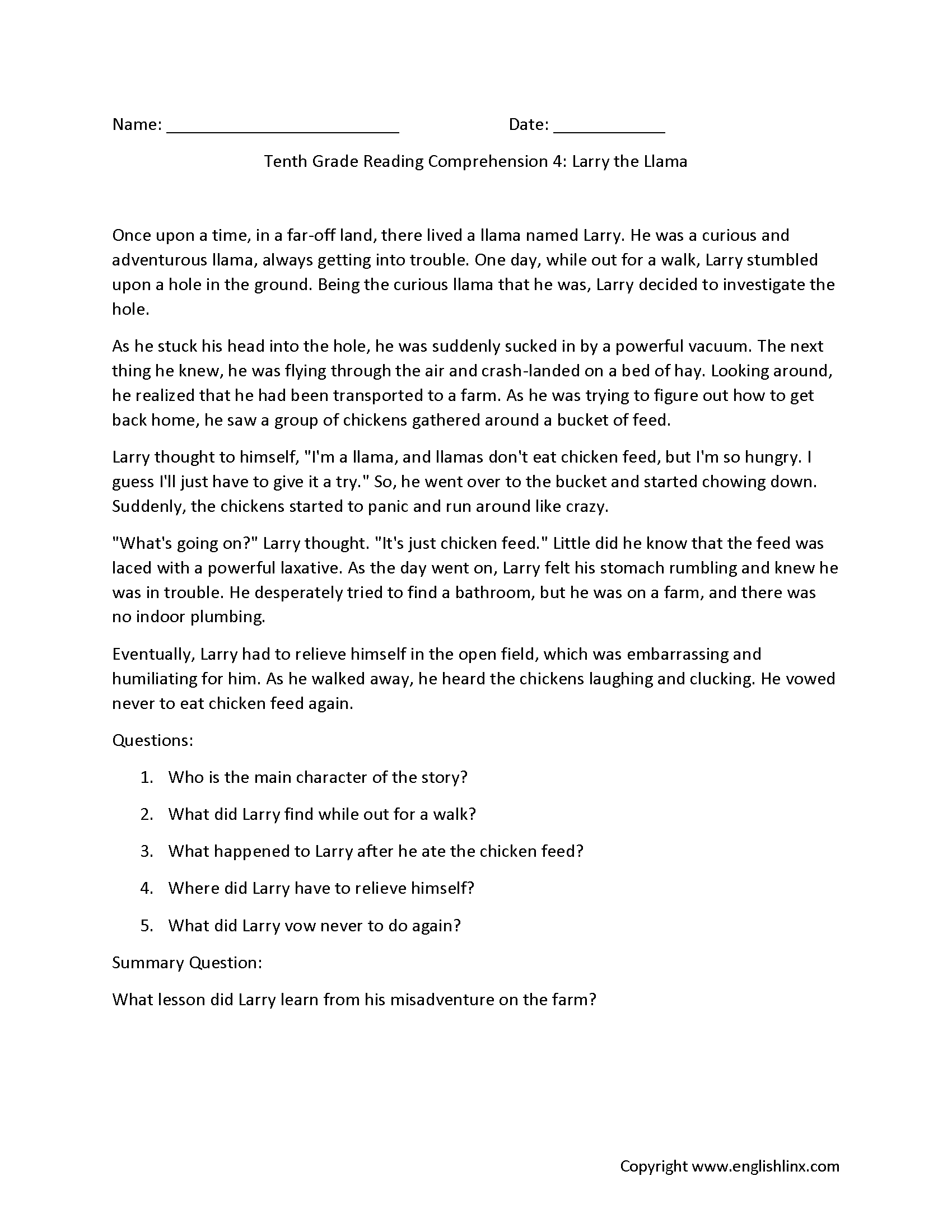 Tenth Grade Reading Comprehension
