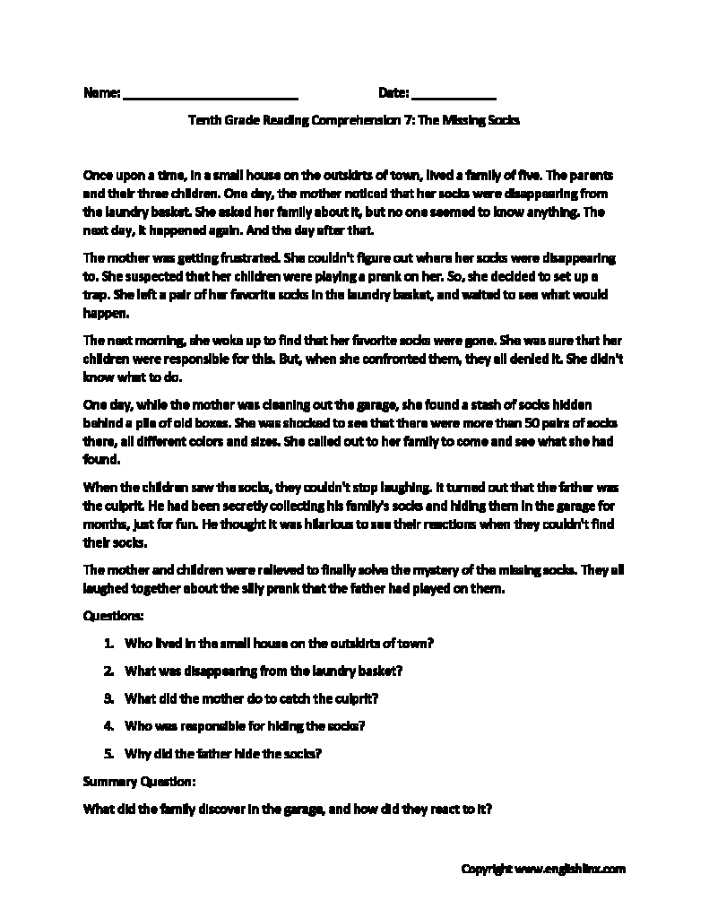 Tenth Grade Reading Comprehension Tenth Grade Reading Comprehension