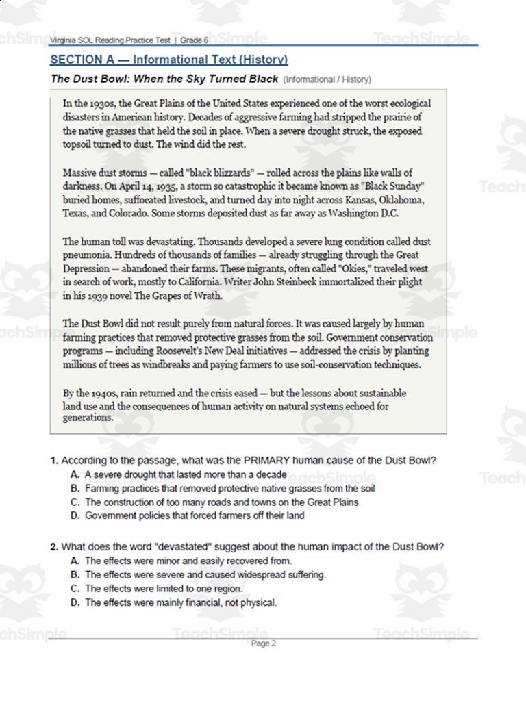 Virginia Sol Reading Practice Test For Grade 6