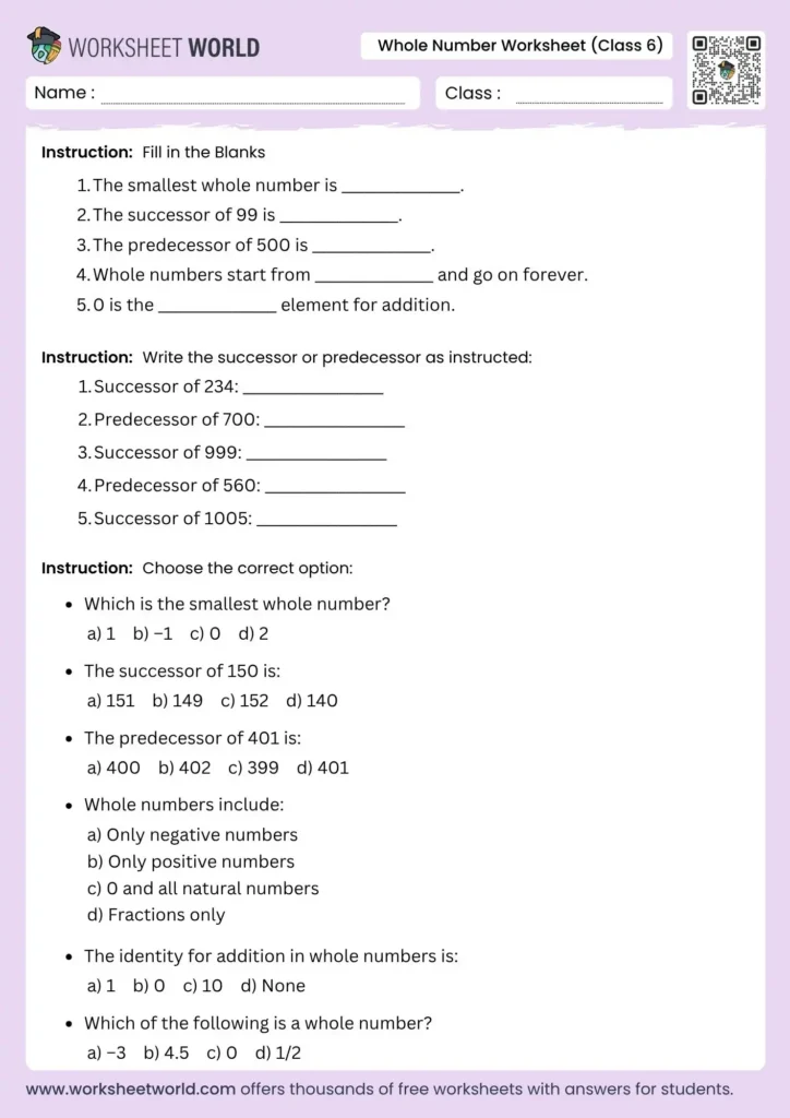 Whole Numbers Class 6 Worksheet Free Pdf For Kids
